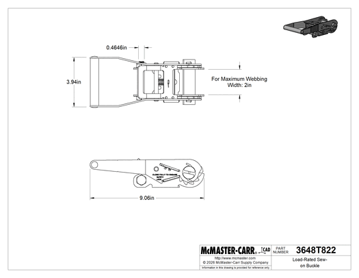 McMaster 3648T823 Webbing Buckle, for Maximum 2" Wide Web, Stainless Steel Ratchet, Extended Handle, NO-Sew