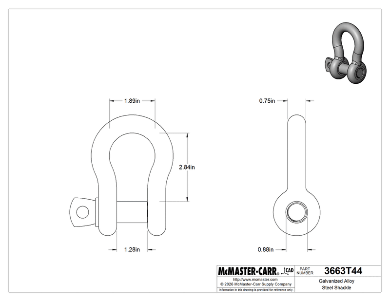 McMaster 3663T44 Galvanized Alloy Steel Shackle with Screw Pin - for Lifting, 3/4" Thick