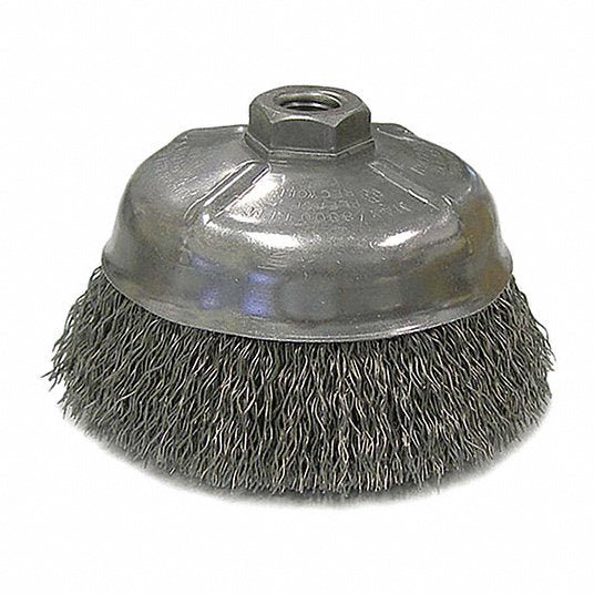 Weiler 14206 Cup Brush Crimped Steel, 5 in Dia, 0.014 in Fill Dia, 5/8"-11 Arbor