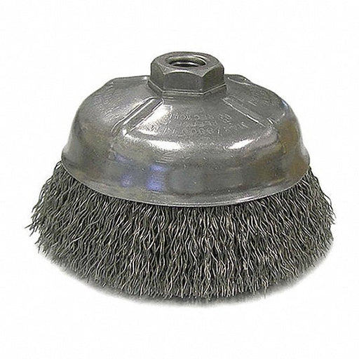 Weiler 14206 Cup Brush Crimped Steel, 5 in Dia, 0.014 in Fill Dia, 5/8"-11 Arbor