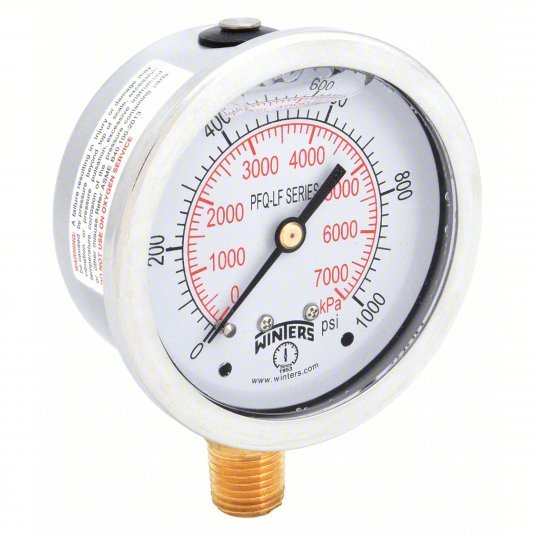 Winters PFQ809LF Lead-Free Pressure Gauge Liquid-Filled, 0 to 1,000 psi, 2 1/2 in Dial, 1/4 in NPT Male
