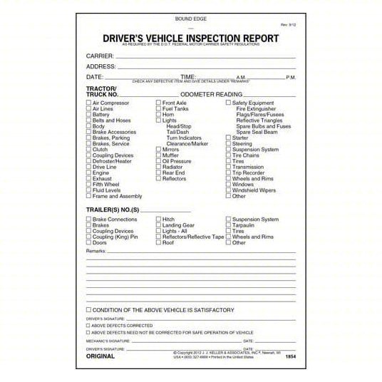 JJ Keller 1854 Carbonless, Driver Vehicle Inspection Report, 2-Ply