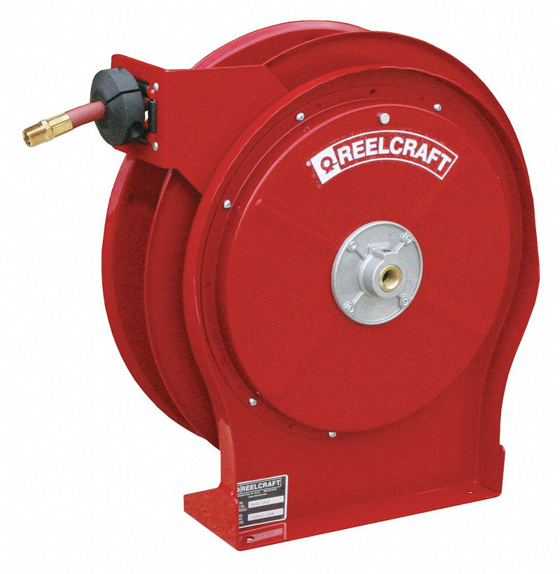 Reelcraft 5650 OLP1 Spring Return Hose Reel, 50 ft (3/8 in ID), 1/4 in MNPT inlet x 1/4 in MNPT outlet, Steel, Red