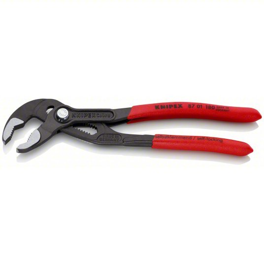 Knipex 87 01 180 Tongue and Groove Plier V, Push Button, 1 1/2 in Max Jaw Opening, 7 1/4 in Overall Lg, Serrated