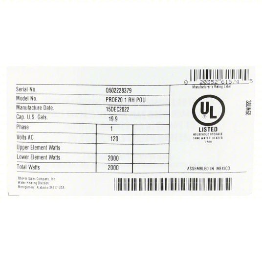 Rheem PROE20 1 RH POU Electric Water Heater 120V AC, 19.9 gal, 2,000 W, Single Phase, 25.25 in Ht, 20 gph @ 40°F