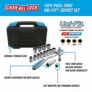 Channellock 39100 3/8" Drive Socket Set, SAE, Metric, 16 pc