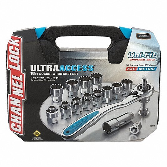 Channellock 39100 3/8" Drive Socket Set, SAE, Metric, 16 pc