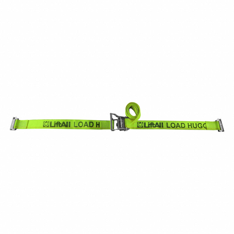 Lift-All TE60809 Tie Down Strap, Ratchet, E-Track, Cut-Resistant Edges, 2 in Wd, 1,000 lb WLL, High-Visibility Green, 16 ft