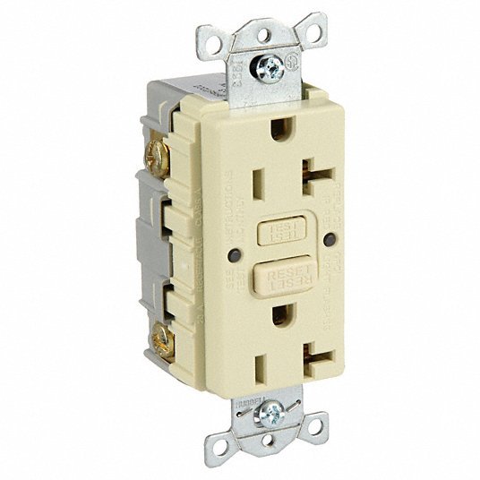 Hubbell GFRST20I GFCI Receptacle: Duplex, 1 Phase, NEMA 5-20R, 125V AC, 20 A, 2 Poles, Screw Terminals, Ivory