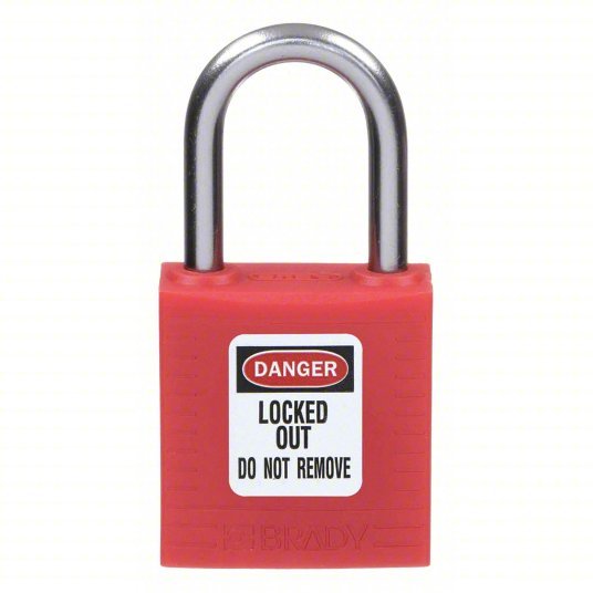 Brady 143150 Lockout Padlock Keyed Different, Nylon, Aluminum, Std, Red, 1 Pack Size, Plastic