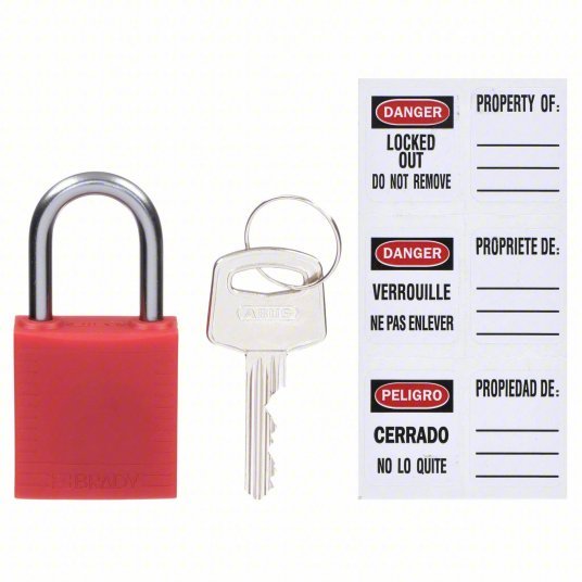 Brady 143150 Lockout Padlock Keyed Different, Nylon, Aluminum, Std, Red, 1 Pack Size, Plastic