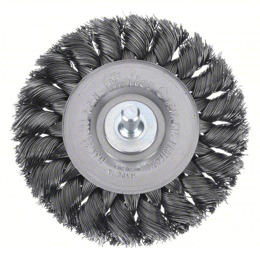 Weiler 94105 Wire Wheel Brush Twisted Steel, 3 1/4 in Dia x 3/8 in Wd, 1/4 in Shank, 0.014 in Fill
