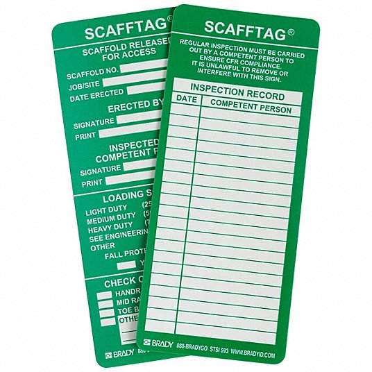 Brady SCAF-STSI593 Tag Maint, 3 3/25 in Wd, 7 5/8 in Ht, Green on White, Rectangle, Polyester, Indoor/Outdoor, 100 PK