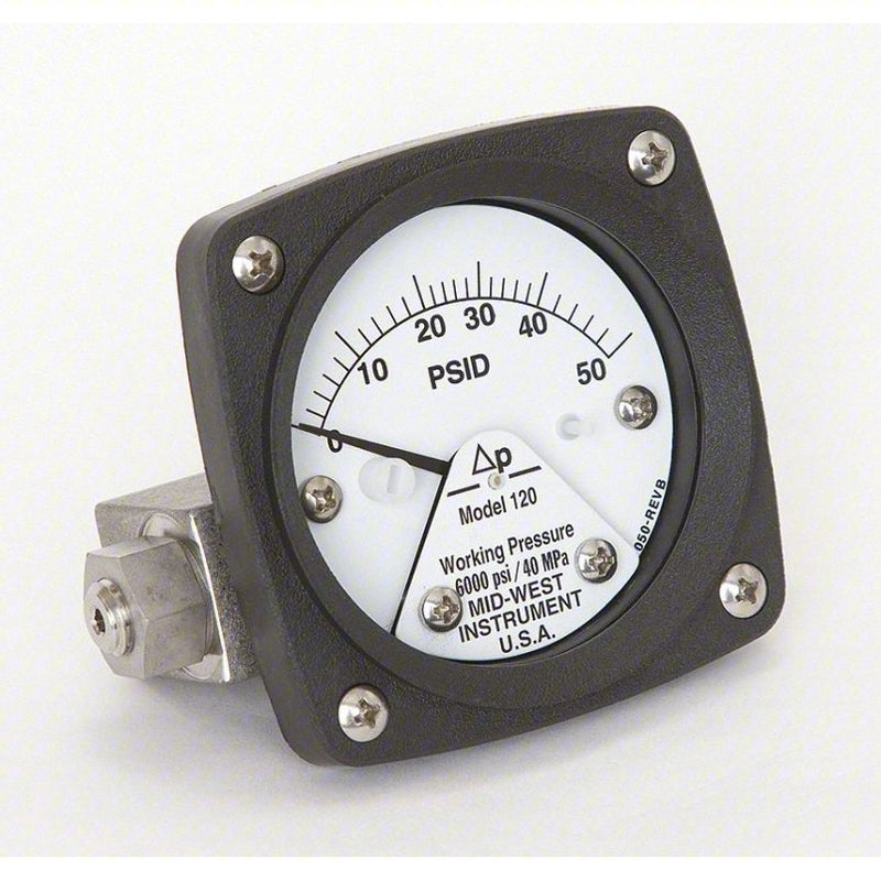 Midwest Instrument 120-SA-00-OO-50P Differential Pressure Gauge 0 to 50 psid, Back, 1/4 in NPT Female, 120, Piston