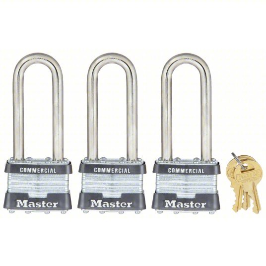 Master Lock 1TRILJCOM Padlocks, Keyed Alike, Long Shackle, Rectangular Steel Body, Steel Shackle, 3/4 in W
