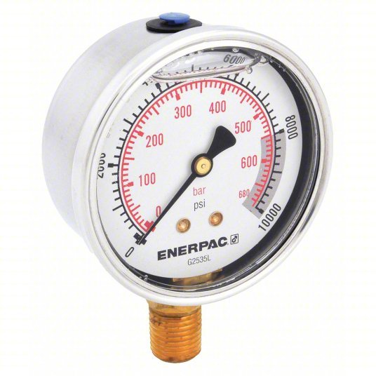 Enerpac G2535L Hydraulic Cylinder Pressure Gauge 0 to 10,000 psi psi, 2 1/2 in Dial, Liquid-Filled, Bottom