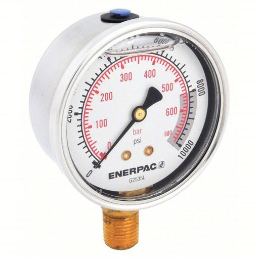 Enerpac G2535L Hydraulic Cylinder Pressure Gauge 0 to 10,000 psi psi, 2 1/2 in Dial, Liquid-Filled, Bottom