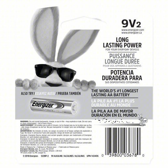 Energizer 522BP-2 Battery 9V, Premium, Alkaline, 9V DC, Max, 2 PK