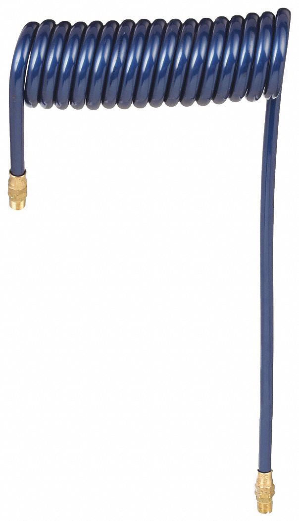 Guardair 38X12B04 Coiled Air Hose, 3/8 in ID x 12 ft, Polyurethane, Blue, Brass 3/8 in MNPT x MNPT