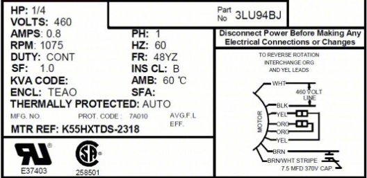 Redwood RW3LU94 Condenser Fan Motor Stud Mount, Totally Enclosed Air-Over, 1/4 HP, 1,075 Nameplate RPM, Auto