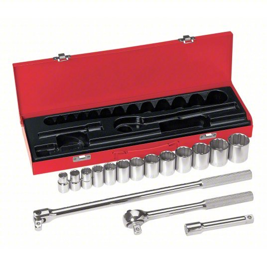 Klein 65512 Socket Wrench Set 1/2 in Drive Size, 16 Pieces, 7/16 in to 1 1/4 in Socket Size Range