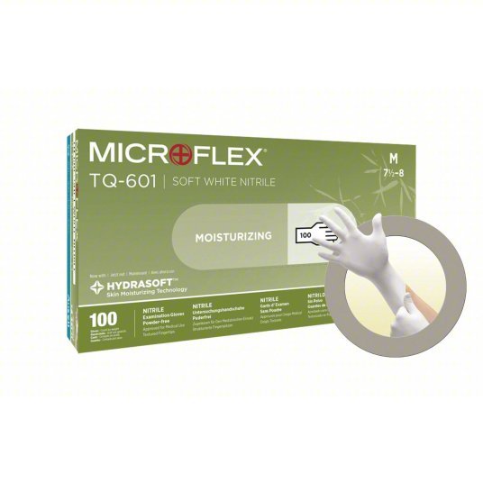 Microflex TQ-601-M Exam Gloves, Nitrile, Powder Free, White, M, 100 PK