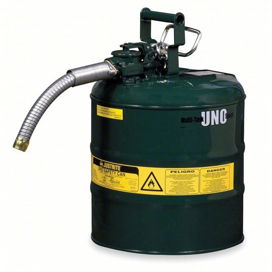 Justrite 7220420 Type II Safety Can For Use With Oil, 2 gal Capacity, Includes 5/8 in OD Flex Hose, Green