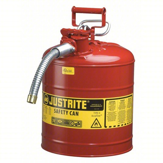 Justrite 7250130 Type II Safety Can: For Use With Flammables, 5 gal Capacity, Includes 1 in OD Flex Hose