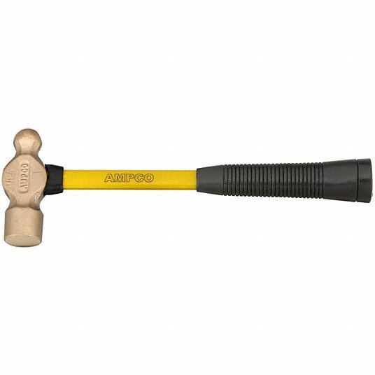 Ampco H-3FG Ball Peen Hammer Fiberglass, Aluminum Bronze, 24 oz Head Wt, 14 in Overall Lg, Ribbed Grip