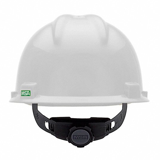 MSA C217091 Hard Hat: White, No Graphics, Ratchet (4-Point), Ratchet, Polyethylene, Side-Slots, Solid