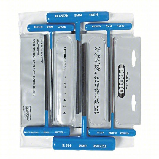 Proto J4969 Hex Key Set Metric, Long, 6 Pieces, 2.5 mm/2 mm/3 mm/4 mm/5 mm/6 mm Tip Size, Black Oxide