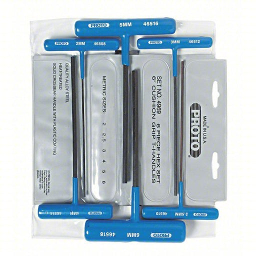 Proto J4969 Hex Key Set Metric, Long, 6 Pieces, 2.5 mm/2 mm/3 mm/4 mm/5 mm/6 mm Tip Size, Black Oxide