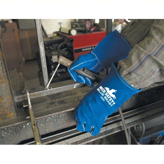 MCR Safety 4600 Welding Gloves Wing Thumb, Gauntlet Cuff, Premium, Blue Cowhide Blue Beast, 1 PR