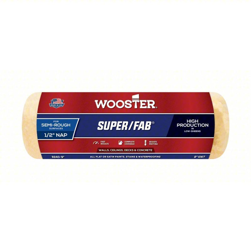 Wooster R240-9 Paint Roller Cover 9 in Lg, 1/2 in Nap Size, Knit Fabric, Super/Fab(R), Std