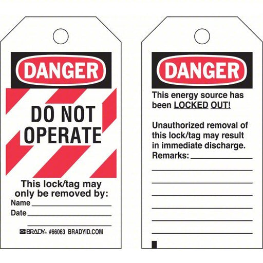 Brady 66063 Danger Tag Do Not Operate, Polyester, Remarks, Write-On Surface, English, Tag