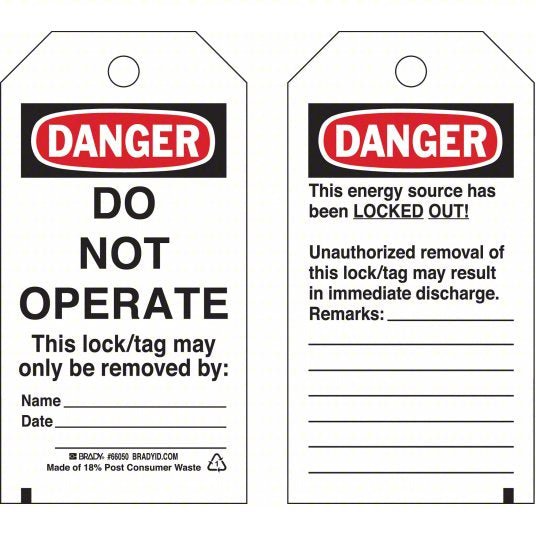 Brady 66050 Danger Tag Do Not Operate, Polyester, Date/Name/Remarks, Write-On Surface