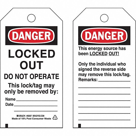 Brady 66067 Danger Tag Danger, Locked Out Device, Polyester, Date/Name/Remarks, Write-On Surface, English PK25