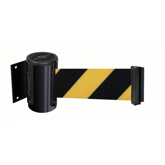 Tensabarrier 896-STD-33-STD-NO-D4X-C Retractable Belt Barrier Fixed Mounting Plate, 7 1/2 ft Belt Lg, Pattern, Black/Yellow