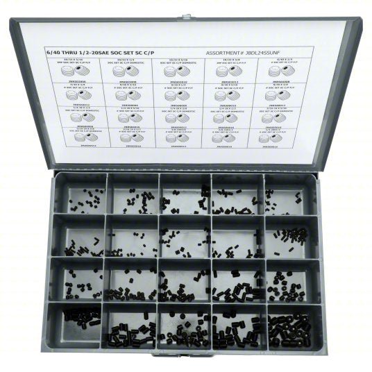 Redwood JBDL24SSUNF Socket Set Screw Assortment 500 Pieces, 20 # of Sizes, Cup pt, Phillips