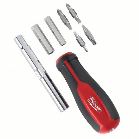 Milwaukee 48-22-2760 Multi-Bit Screwdriver #1/1/4 in/#2/3/16 in/3/8 in Tip Size, 8 Tips, 10 in Overall Lg