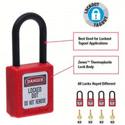 Master Lock 406RED Lockout Padlock Keyed Different, Thermoplastic, Std Body Body Size, Plastic, Red