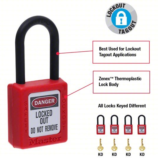 Master Lock 406RED Lockout Padlock Keyed Different, Thermoplastic, Std Body Body Size, Plastic, Red