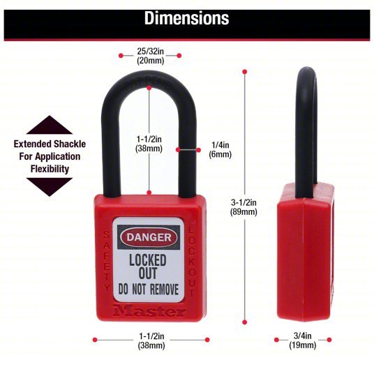 Master Lock 406RED Lockout Padlock Keyed Different, Thermoplastic, Std Body Body Size, Plastic, Red