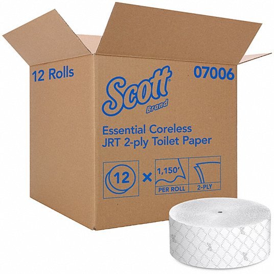 Scott 07006 Toilet Paper Roll: 2 Ply, Continuous Sheets, 1,150 ft Roll Lg, 9 3/8 in Roll Dia., 12 PK