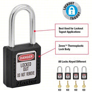 Master Lock 410BLK Lockout Padlock Keyed Different, Thermoplastic, Std Body, Metal, Black