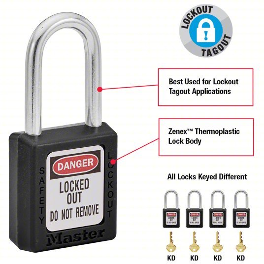 Master Lock 410BLK Lockout Padlock Keyed Different, Thermoplastic, Std Body, Metal, Black