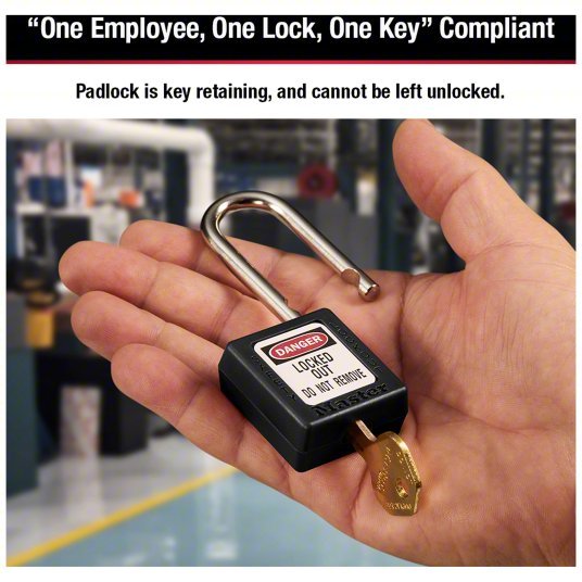 Master Lock 410BLK Lockout Padlock Keyed Different, Thermoplastic, Std Body, Metal, Black
