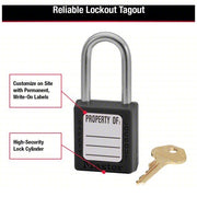 Master Lock 410BLK Lockout Padlock Keyed Different, Thermoplastic, Std Body, Metal, Black