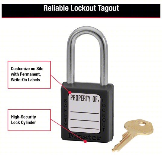Master Lock 410BLK Lockout Padlock Keyed Different, Thermoplastic, Std Body, Metal, Black
