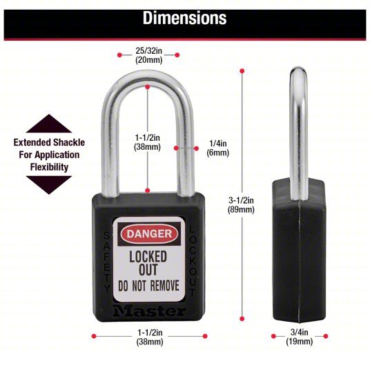 Master Lock 410BLK Lockout Padlock Keyed Different, Thermoplastic, Std Body, Metal, Black